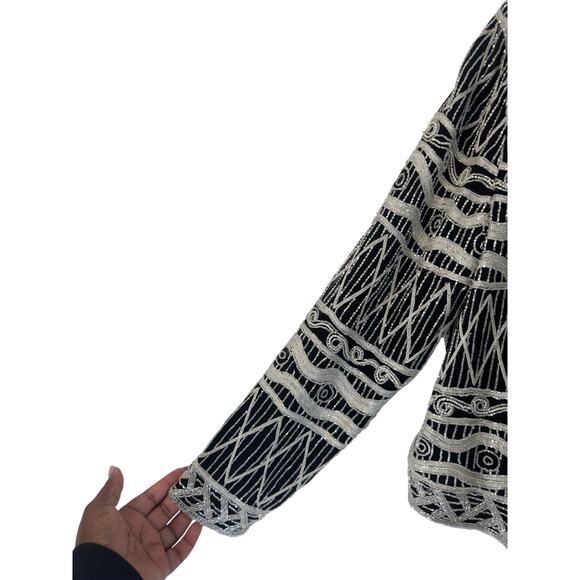 Adrianna Papell Evening Black Silver Formal Beaded Dressy Silk Jacket Medium - Picture 8 of 13